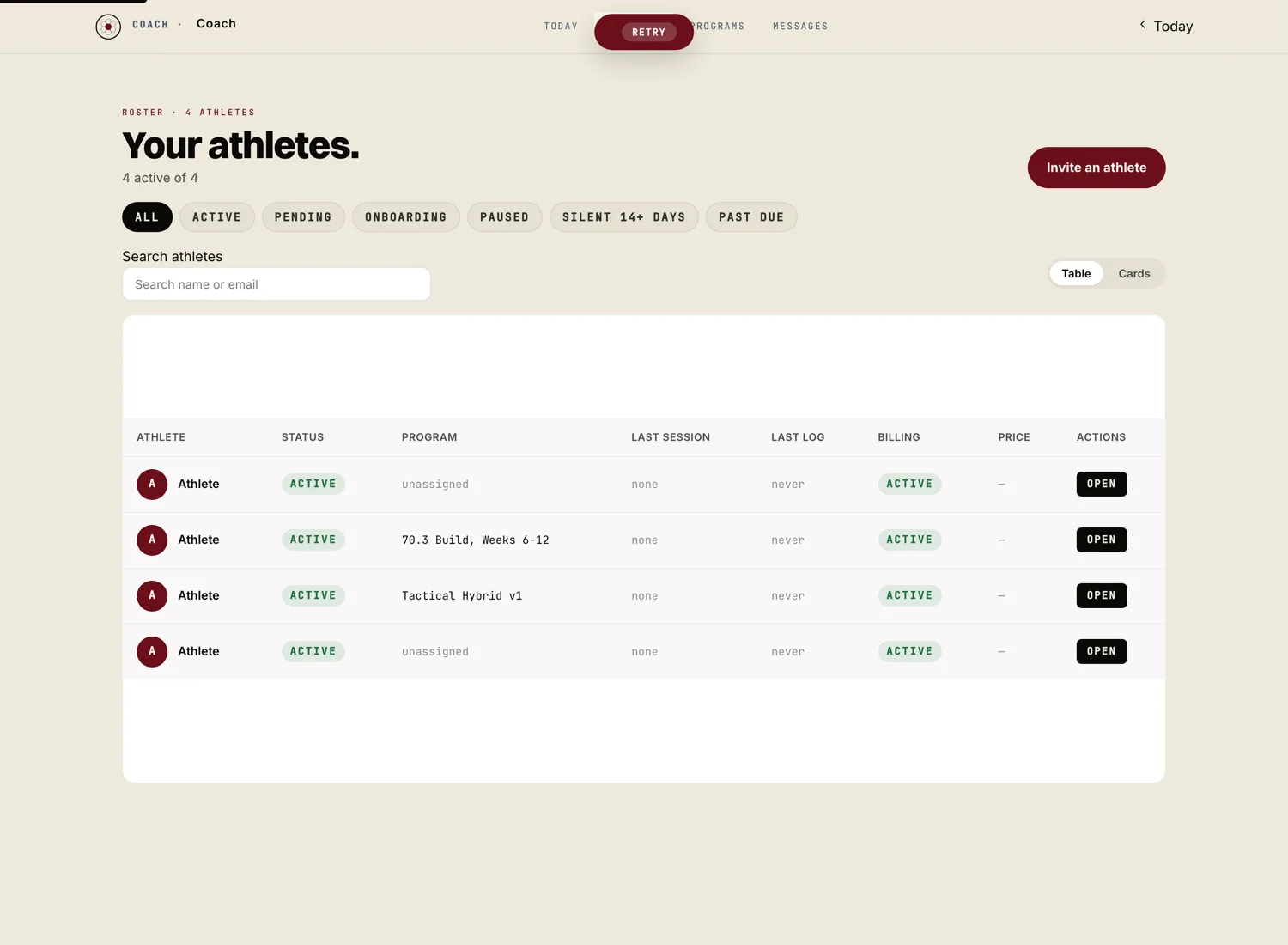 Athletes roster panel showing every athlete in the coach's stable.